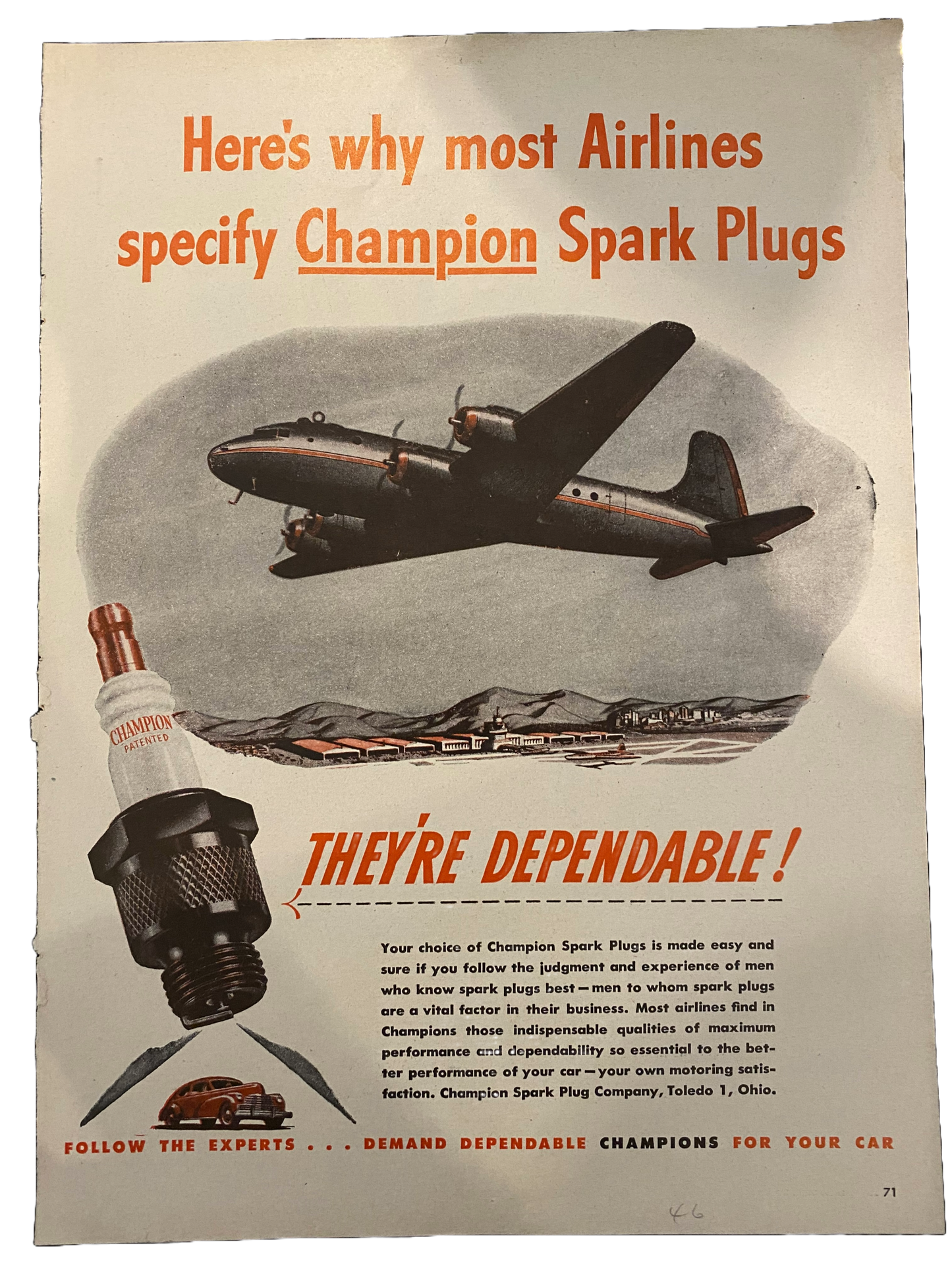 Champion Spark Plugs Advert (Oversized) USA 1946